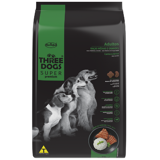 Three Dogs Super Premium Adultos Razas Medianas Y Grandes Sabor Carne Y Arroz 15+2 kg