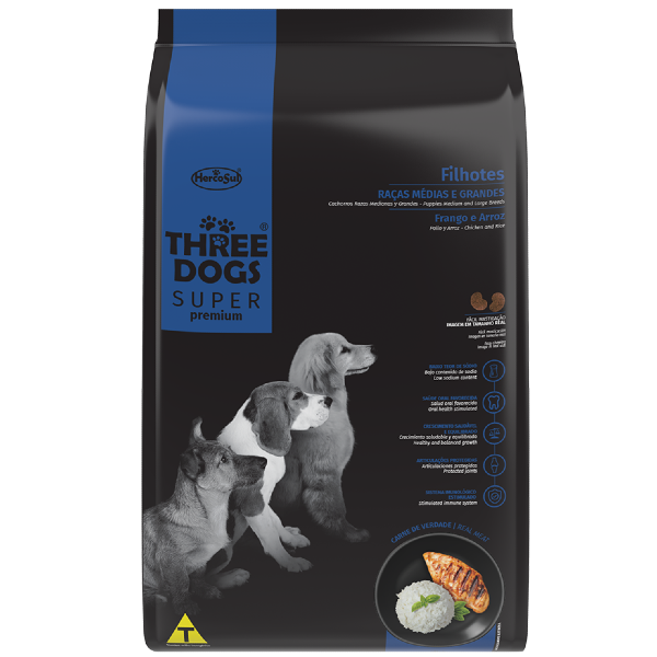 Three Dogs Super Premium Cachorros Razas Medianas Y Grandes Sabor Pollo Y Arroz 15+2 kg